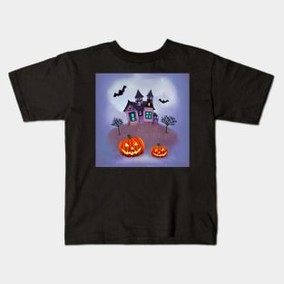 Spooky Purple Haunted House With Three Horned Bats and Pumpkins digital painting Kids T-Shirt